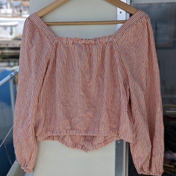 Madewell | Puff-Sleeve Crop Top Embroidered Stripe Orange White Large - Picture 7 of 15